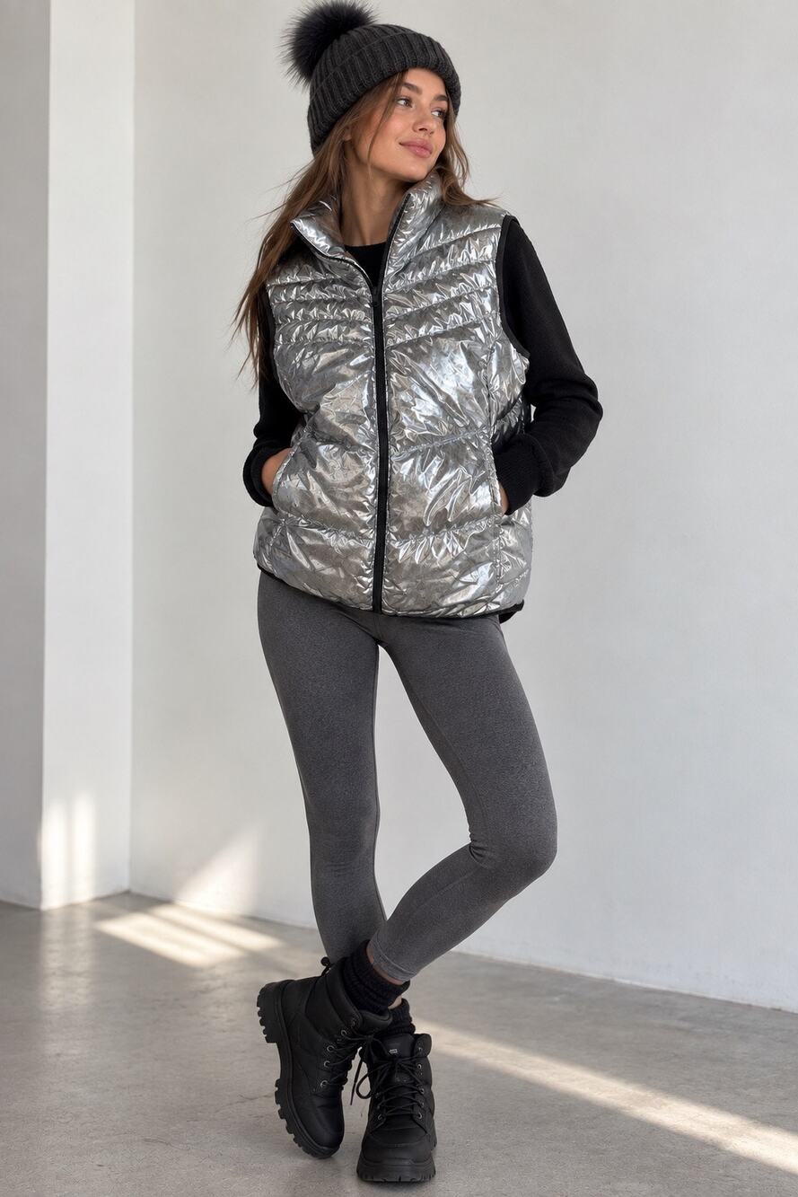 Xersion Packable Metallic Silver Puffer Vest Women’s Size L